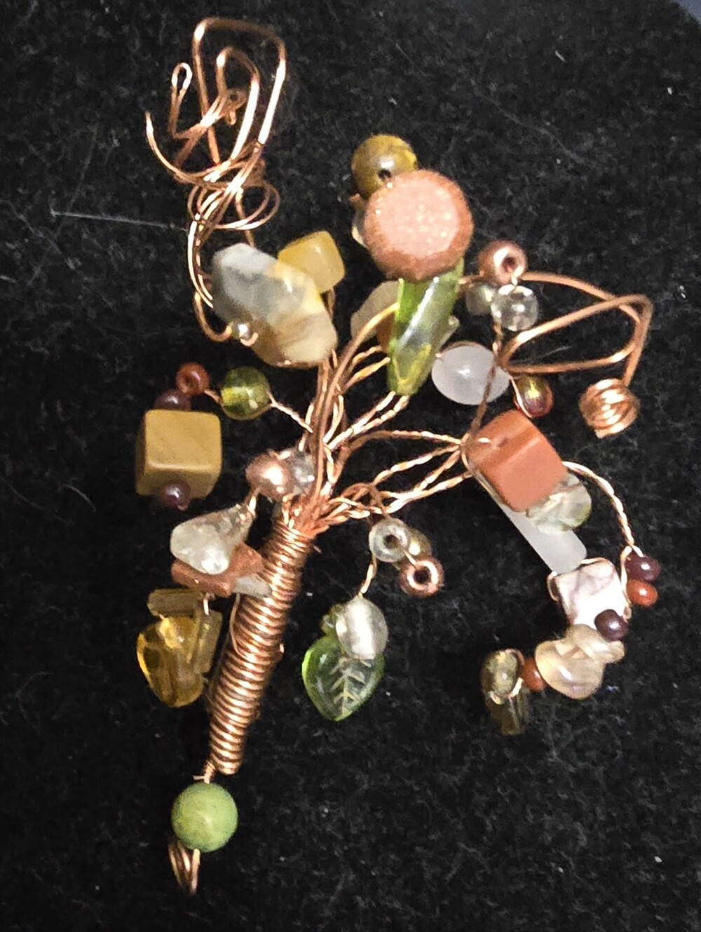 Lapel Pin - Handmade Copper Wire Tree with Multicolor Gemstone Beads